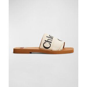 Chloe Woody Flat Logo white Ribbon Slide Sandals Size 39